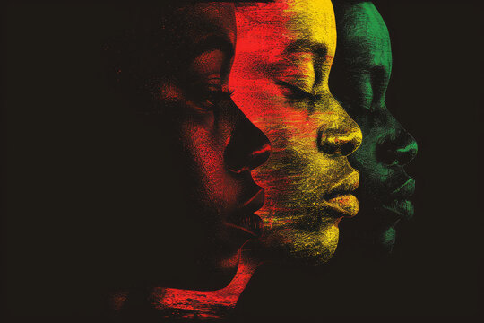 Black History Month background. African-American people face in profile in red yellow green colors on black background. Juneteenth freedom day. Racial equality, freedom, human rights day