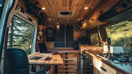 Explore the world as a digital nomad! This van is the ultimate mobile office, furnished with solar panels for sustainable energy and satellite internet for uninterrupted work. Experience the - obrazy, fototapety, plakaty