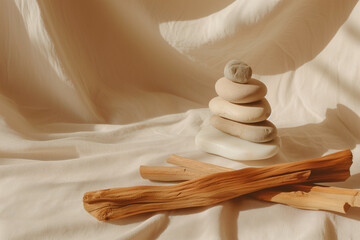 palo santo wood and three stacked stones, meditation and zen mood