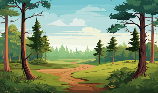 Forrest landscape with grass and lots of trees, nature inspired vector illustration