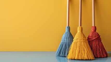 Simple setups featuring brooms, mops, and dusters, evoking a sense of tidiness and organization - obrazy, fototapety, plakaty