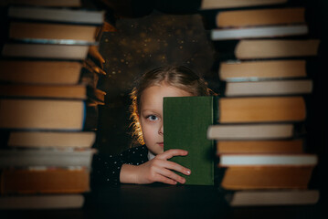 A girl with a green book on the background of a stack of books