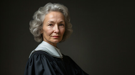 A confident and accomplished female judge in her 50s, emanating a commanding presence and profound wisdom. Dressed in a classic black robe adorned with a distinctive white collar, she repres