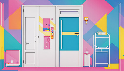 Different colorful and artistically with shapes and colors designed doors in a graphically designed illustration