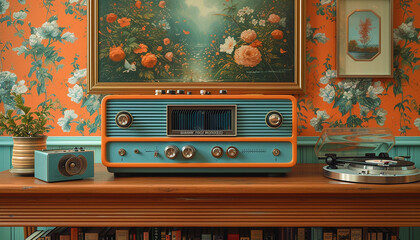 Vintage living room close-up of a painting, wooden cabinet, retro radio and glass vase with branches in colorful bright living room interior. 70s,80s, design