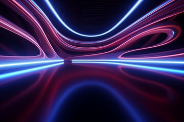 Abstract panoramic background of twisted dynamic neon lines glowing in the dark room with floor reflection. Virtual fluorescent ribbon loop. Fantastic minimalist wallpaper