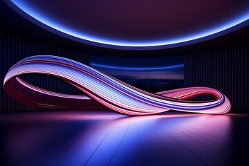 Abstract panoramic background of twisted dynamic neon lines glowing in the dark room with floor reflection. Virtual fluorescent ribbon loop. Fantastic minimalist wallpaper