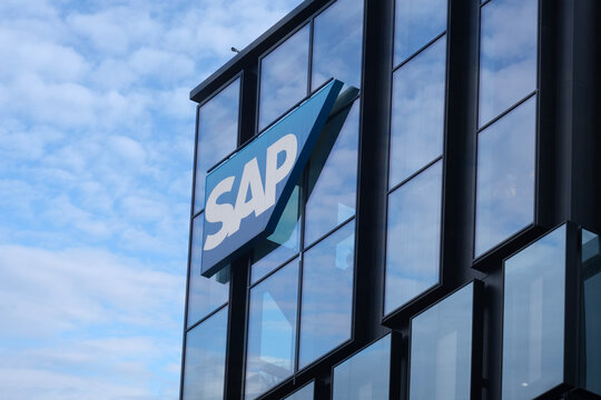 logo SAP SE enterprise software development, German multinational software company, International Business Expansion, sustainable development in Technology, Frankfurt, Germany - February 08, 2024