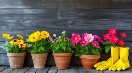 collection of flowering plants in terracotta pots arranged on a dark wooden deck - obrazy, fototapety, plakaty