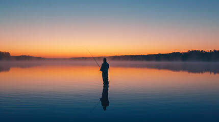 A peaceful moment captured as a skilled fisherman casts his line into a calm lake at sunrise, surrounded by the tranquil beauty of nature. - obrazy, fototapety, plakaty