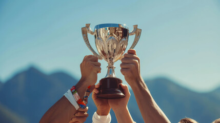 multiple hands holding up a trophy against a clear sky, symbolizing victory, achievement, or success in a competition or challenge. - obrazy, fototapety, plakaty