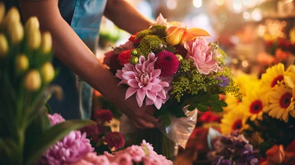 Keuken spatwand met foto A talented florist meticulously arranges a stunning bouquet of vibrant and fragrant flowers in a charming flower shop, creating a masterpiece that radiates beauty, love, and positivity. The © Nijat