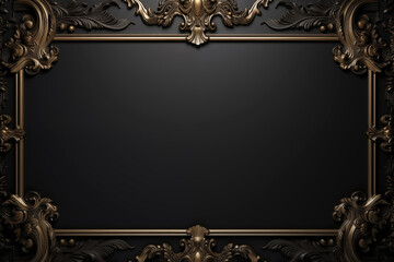 An elaborate baroque style frame with intricate gold scrollwork on a black background, suggesting luxury and classic elegance