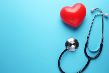 Medical stethoscope and a red heart shape placed against a solid blue backdrop, depicting health care and cardiology concepts.