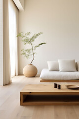 An elegant Scandinavian, japandi living room corner with a simple white sofa, wooden coffee table, and delicate green plant. calm, ideal for minimalist home decor inspiration.