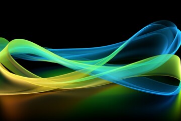 Naklejka premium abstract geometric wallpaper of colorful neon ribbon, yellow green blue glowing lines isolated on black background. 