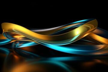 Obraz premium abstract geometric wallpaper of colorful neon ribbon, yellow green blue glowing lines isolated on black background. 