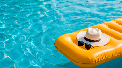 Fototapeta na wymiar A yellow air mattress floats in the pool. Straw hat and sunglasses