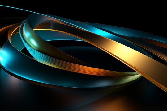 abstract geometric wallpaper of colorful neon ribbon, yellow green blue glowing lines isolated on black background.	