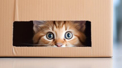 Kitten head peeking from brown cardboard box inside bright room. Cat adoption, shelter, rescue, help for pets. Moving to new home
