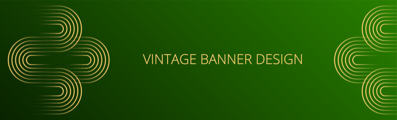 Emerald green gradient banner. Abstract background with gold wavy lines design. Vintage geometric pattern. Web banner template. Blended lines	
