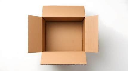 one empty open brown cardboard box on white background. Top view