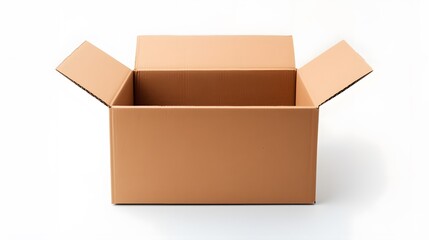 one empty open brown cardboard box on white background. Top view