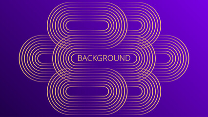 Purple gradient abstract background with gold rounded line design. Vintage geometric pattern. Shiny poster or web banner template. Blended lines	