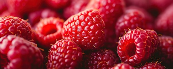 Full frame closeup of clean fresh red raspberries arranged together representing healthy diet...