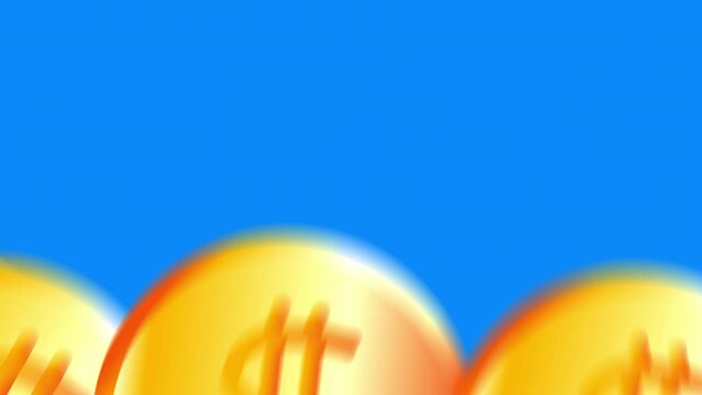 Dollar gold coins animation on blue screen. Video transition with money. Stock video of a mountain of gold coins closeup in 4K with alpha channel.