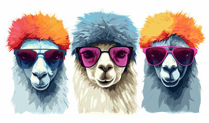 Alpacas wearing sunglasses on a white background, colorful clipart vector illustration