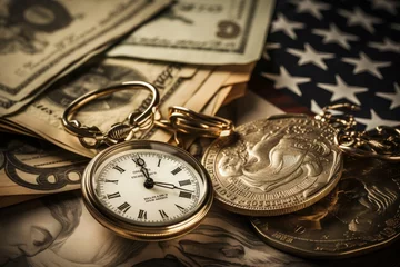 Foto op Plexiglas The deadline for filing an annual tax return in the united states. pocket watches and dollar bills © Андрей Знаменский
