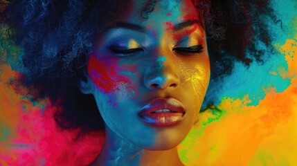 Beautiful african american woman with afro hairstyle and colorful makeup