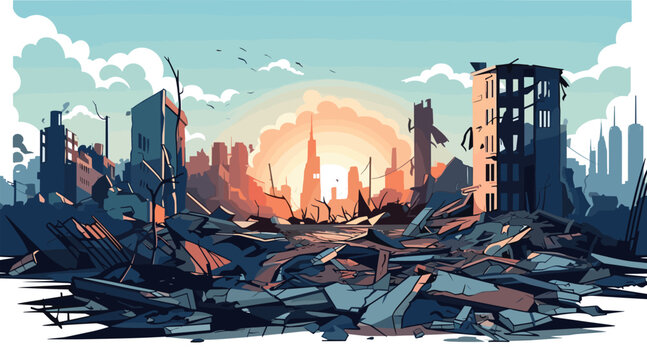 destroyed city demolished buildings vector flat isolated illustration