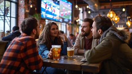 A lively group of friends engrossed in a thrilling sports match at a cozy pub, cheering, clinking glasses, and enjoying a spirited atmosphere. - obrazy, fototapety, plakaty