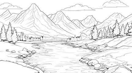 Landscape with mountain river lake forest, outline drawing vector scenery panorama