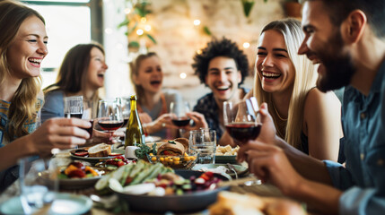 A close-knit group of friends engrossed in laughter and delight while relishing a delicious meal together, exemplifying genuine social interaction and unbridled joy.