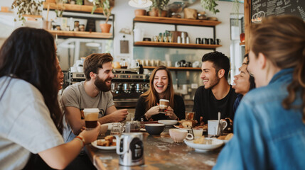A vibrant group of friends immerses in laughter and joy while enjoying their coffee in a hip, industrial-style cafÃ©.