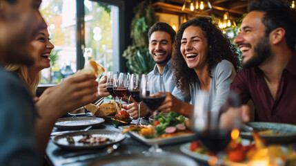 Friends sharing a delightful meal, radiating contagious laughter and genuine camaraderie. Celebrate the joy of social interactions with this captivating image. - obrazy, fototapety, plakaty