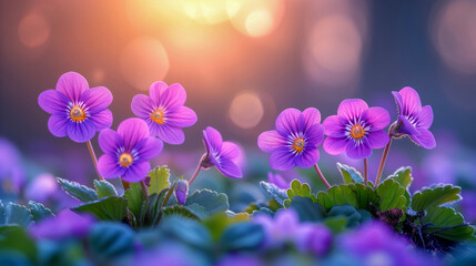 Violets flowers in the morning sun
