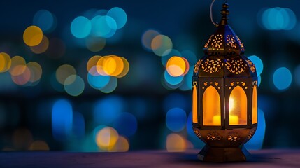 Ornamental Arabic lantern with burning candle glowing at night Ramadan Kareem concept