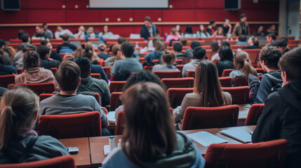 A diverse group of individuals attentively listening to a captivating lecture at a prestigious university. Engaged, attentive, and eager to learn. - obrazy, fototapety, plakaty