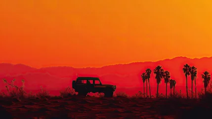 Fotobehang A vehicle is silhouetted against a vibrant orange sunset in a desert landscape © StasySin