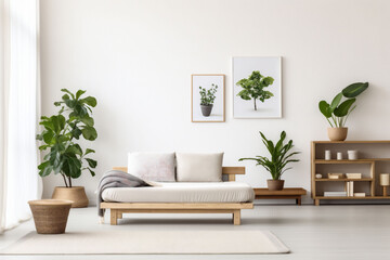 A light-filled Scandinavian, japandi room featuring a minimalistic couch, wooden elements, and framed botanical prints. feels serene, perfect for design concept visualization.