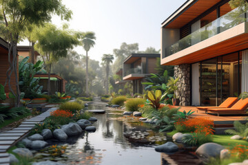 Naklejka premium A residence featuring rainwater harvesting systems and permeable surfaces, contributing to water conservation and minimizing runoff. Concept of water-wise living. Generative Ai.