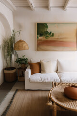 Cozy living room space with a white sofa, woven lampshade, potted plants, and abstract wall art enhancing a tranquil vibe