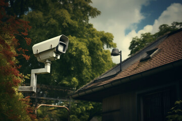 A security camera, overlooking from its high vantage point, ensures the monitoring of a property against a cloudy sky. It's ideal for security service advertisements. - obrazy, fototapety, plakaty