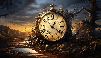An evocative scene where an antique clock is rooted in a desolate landscape under a dramatic dusk sky.