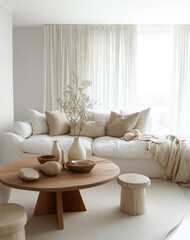 A warm, inviting living room boasts a plush white sofa, wooden coffee table, and delicate natural elements, bathed in soft daylight for a homely feel
