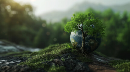 Obraz premium Nurturing the Globe: Lone Tree Symbolizing Earth's Natural Resilience